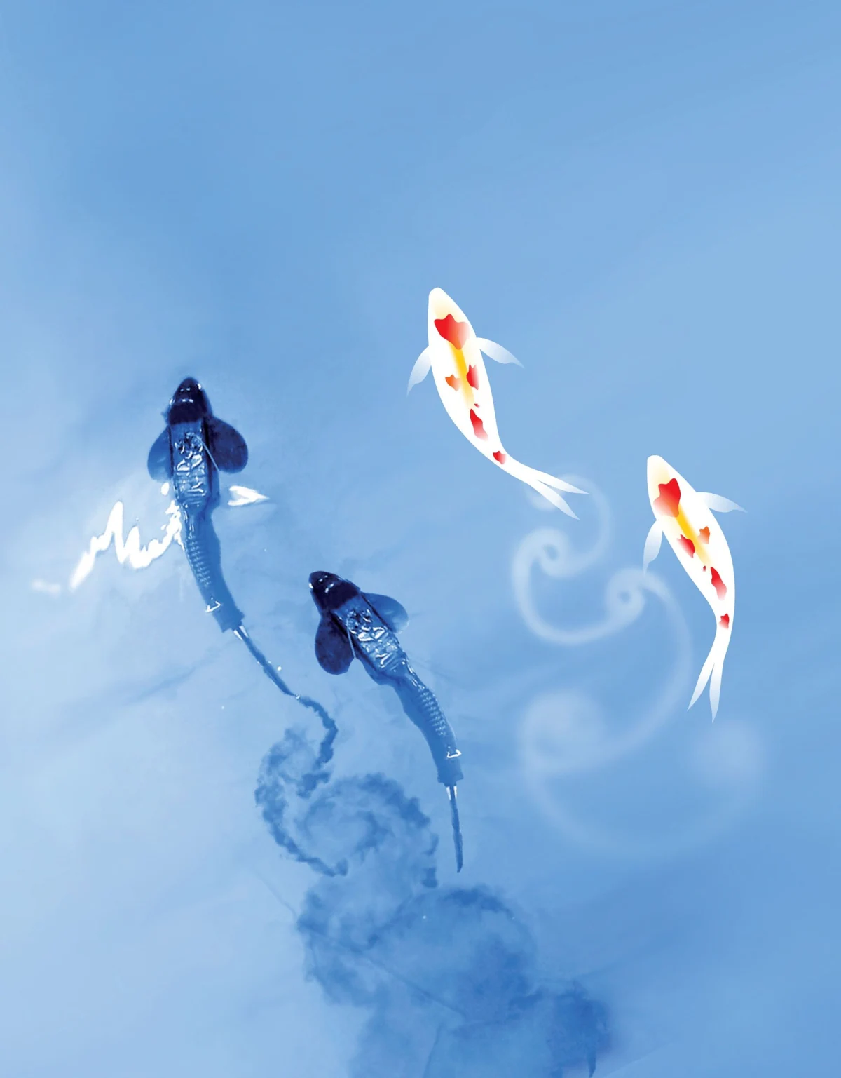 Robotic fish and illustrated fish swimming through blue water