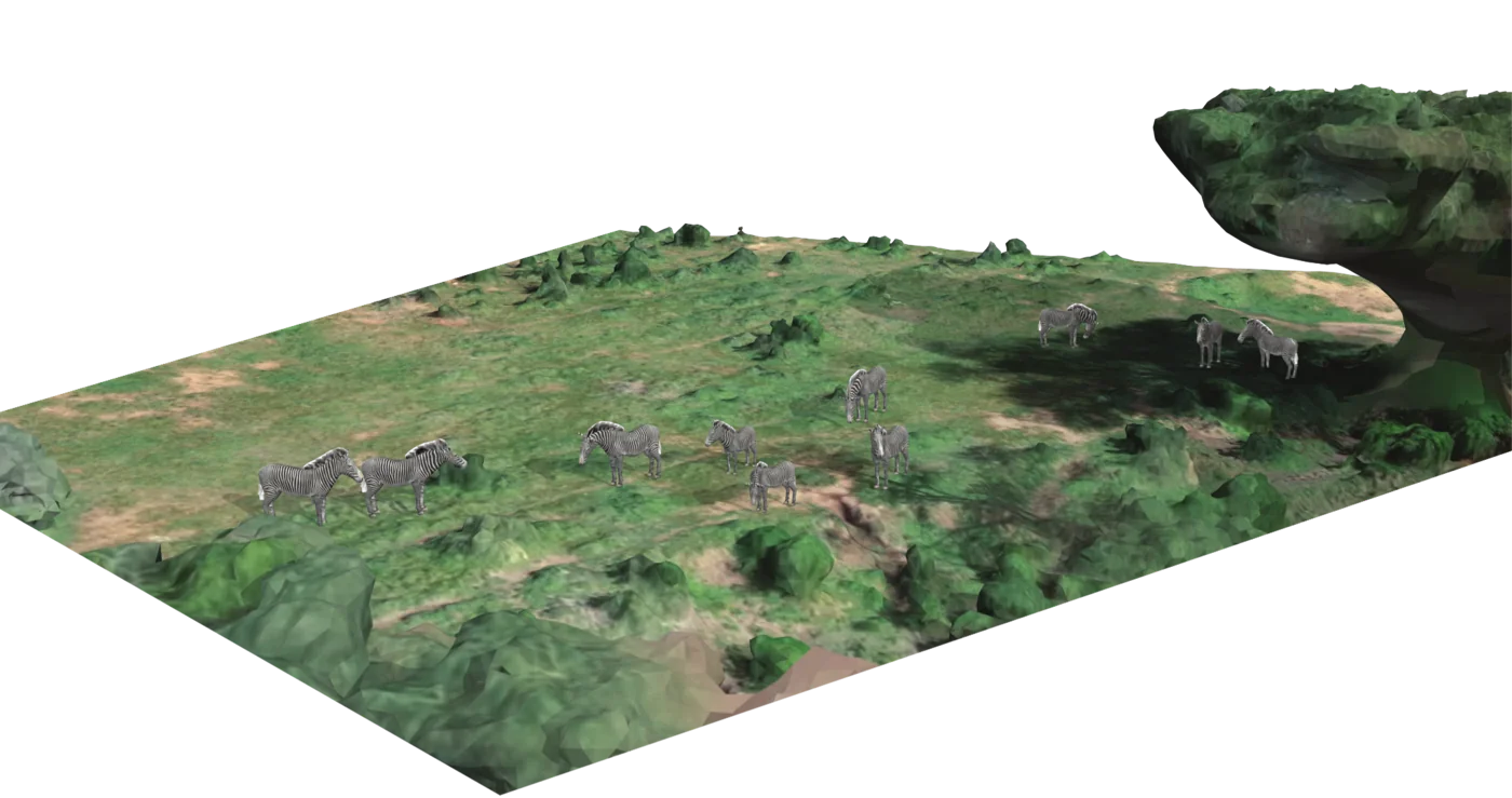 3D reconstruction of zebras moving across natural terrain.